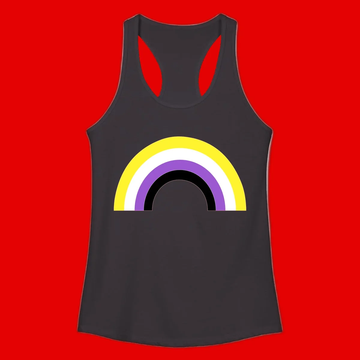 Concentric pride rainbow design with five nested semicircular arcs in yellow, white, purple, black, and gray bands.