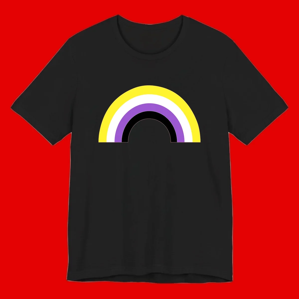 Concentric pride rainbow design with five nested semicircular arcs in yellow, white, purple, black, and gray bands.