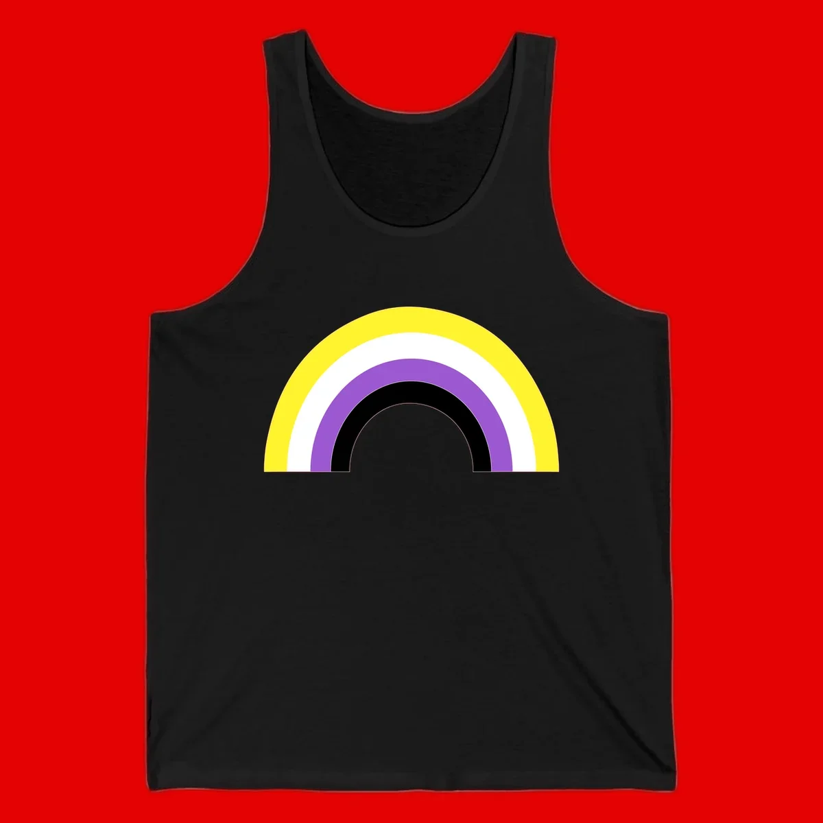 Concentric pride rainbow design with five nested semicircular arcs in yellow, white, purple, black, and gray bands.