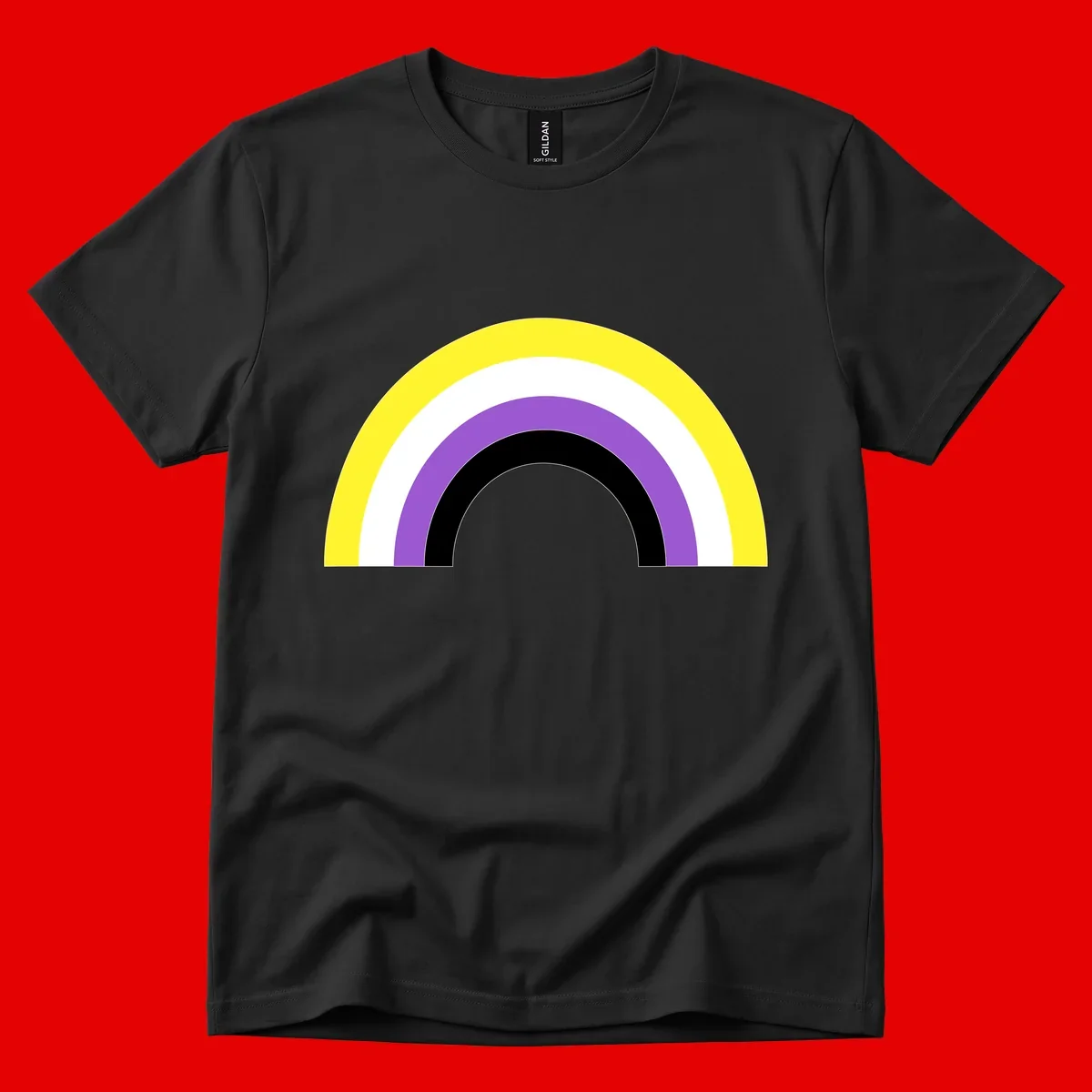 Concentric pride rainbow design with five nested semicircular arcs in yellow, white, purple, black, and gray bands.