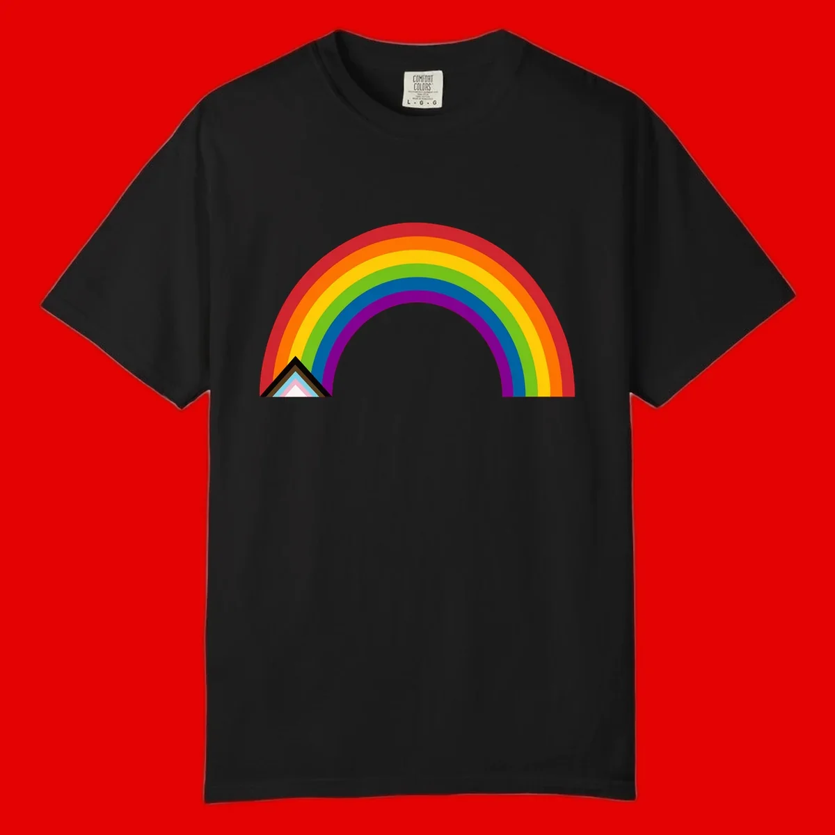 Vibrant rainbow arc with nested geometric mountain peak triangles in pride colors on gray background