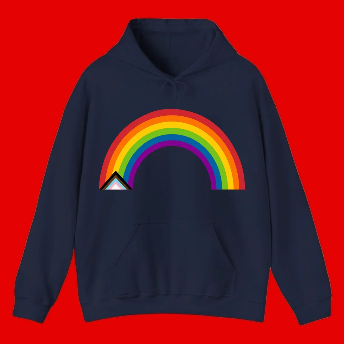 Vibrant rainbow arc with nested geometric mountain peak triangles in pride colors on gray background