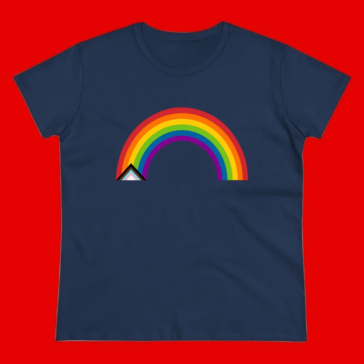 Vibrant rainbow arc with nested geometric mountain peak triangles in pride colors on gray background
