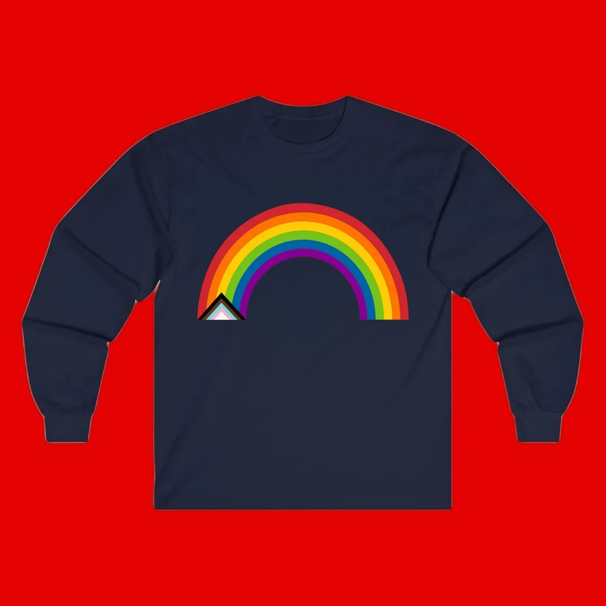 Vibrant rainbow arc with nested geometric mountain peak triangles in pride colors on gray background