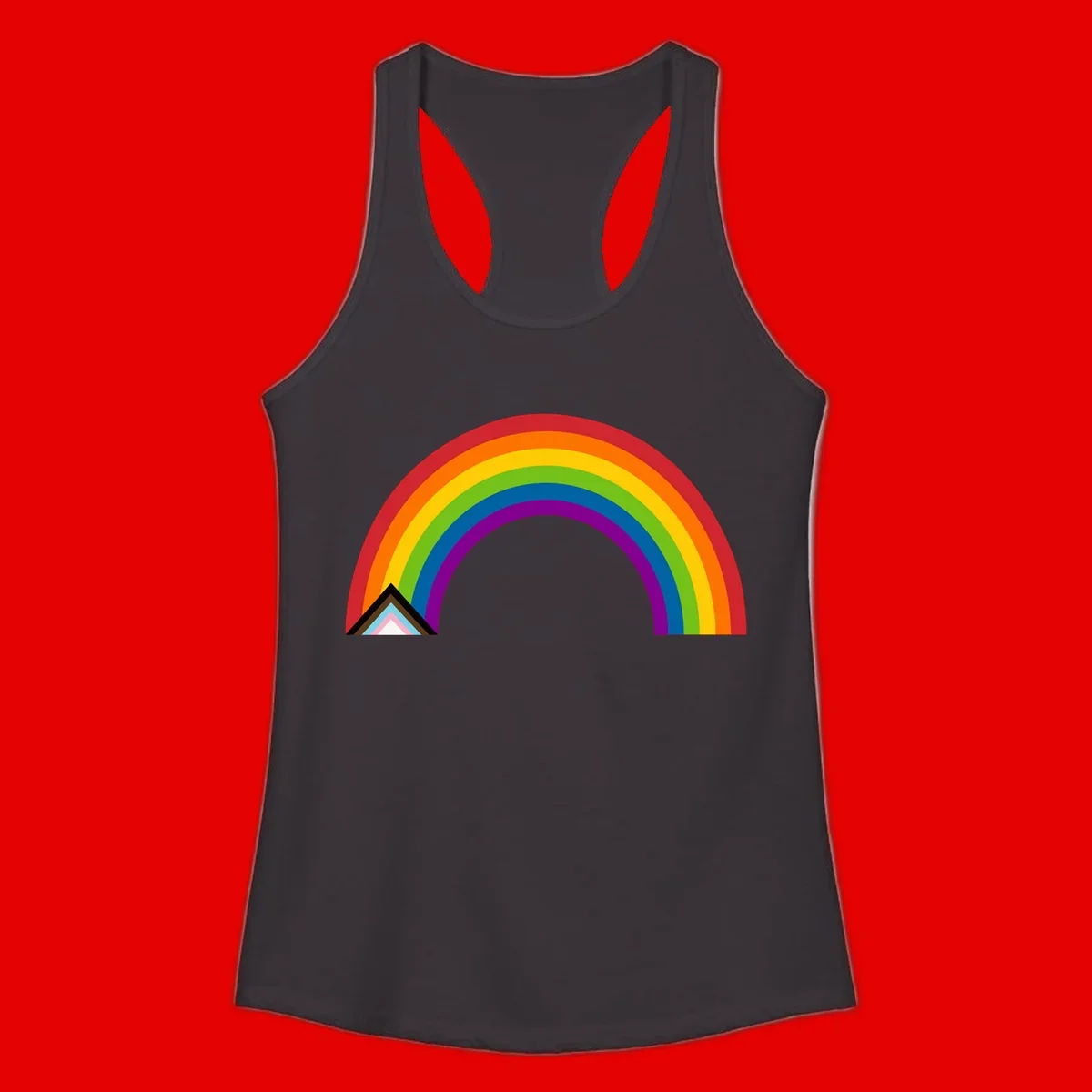 Vibrant rainbow arc with nested geometric mountain peak triangles in pride colors on gray background