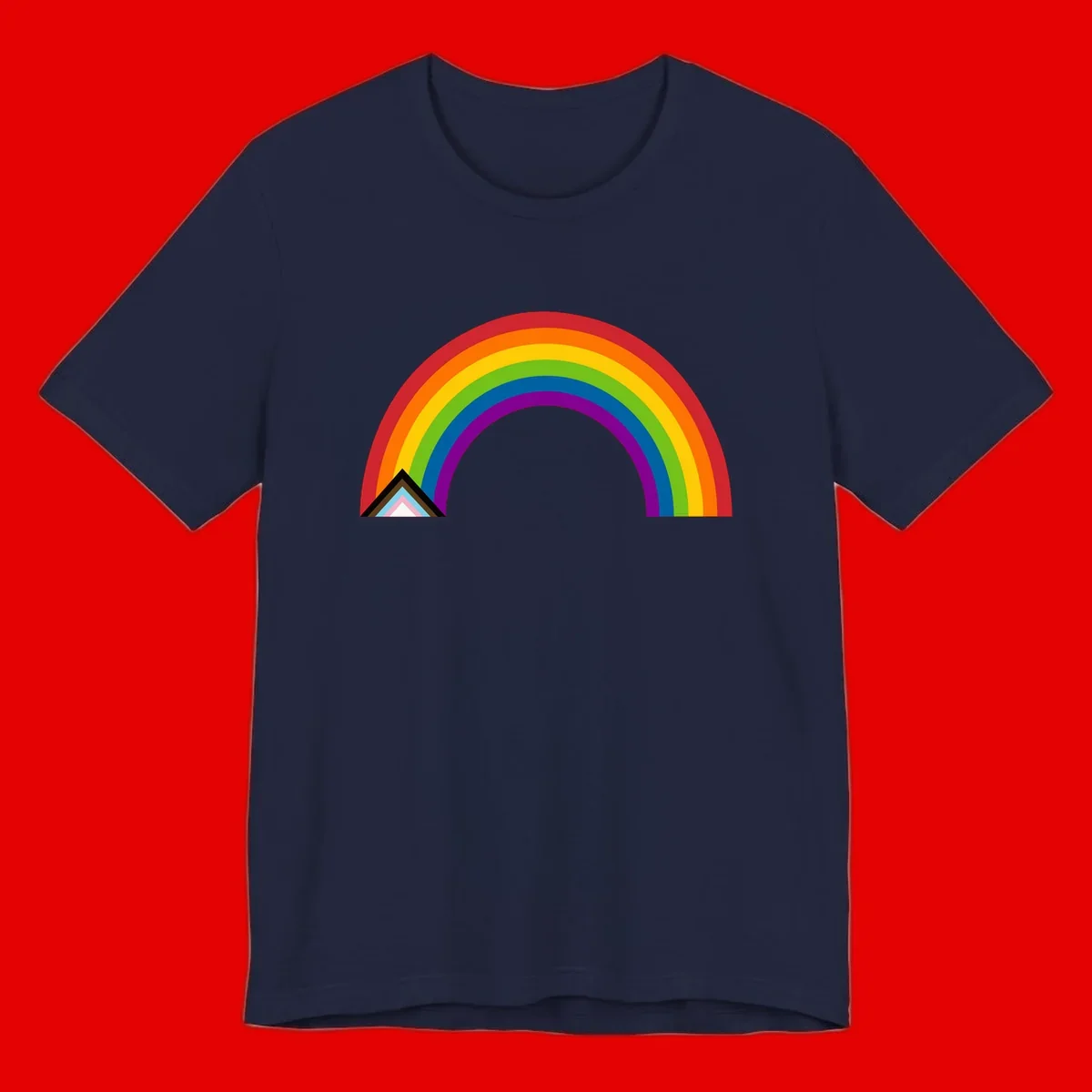 Vibrant rainbow arc with nested geometric mountain peak triangles in pride colors on gray background