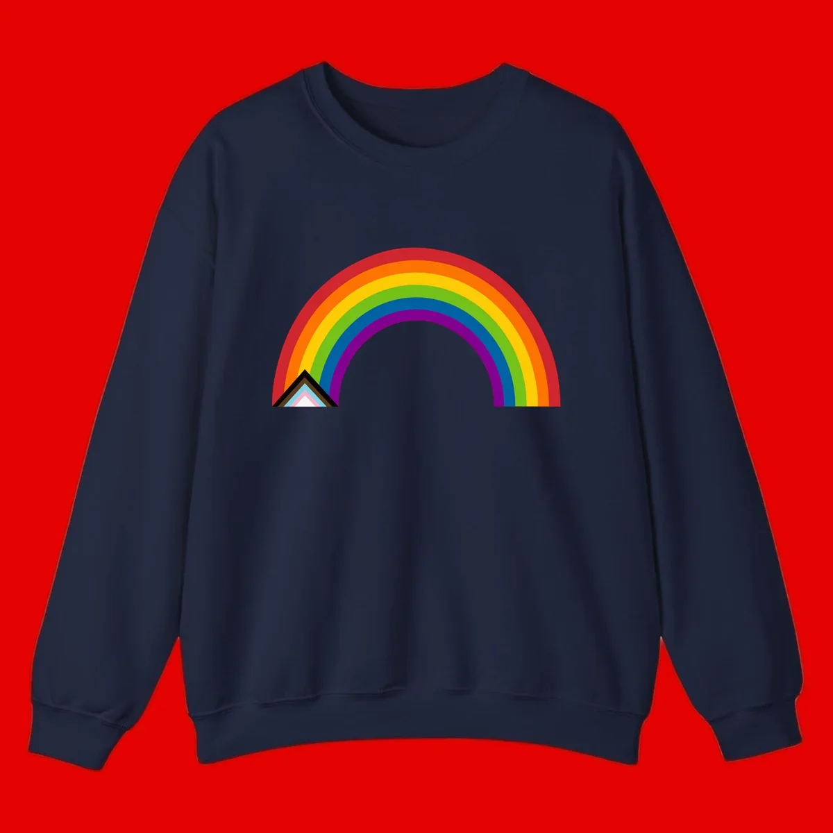 Vibrant rainbow arc with nested geometric mountain peak triangles in pride colors on gray background
