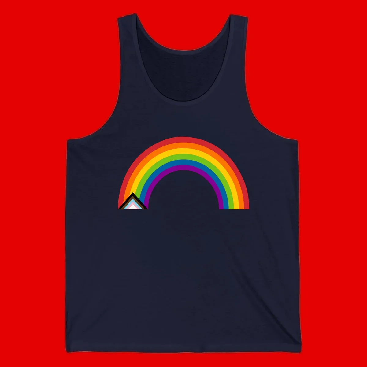 Vibrant rainbow arc with nested geometric mountain peak triangles in pride colors on gray background