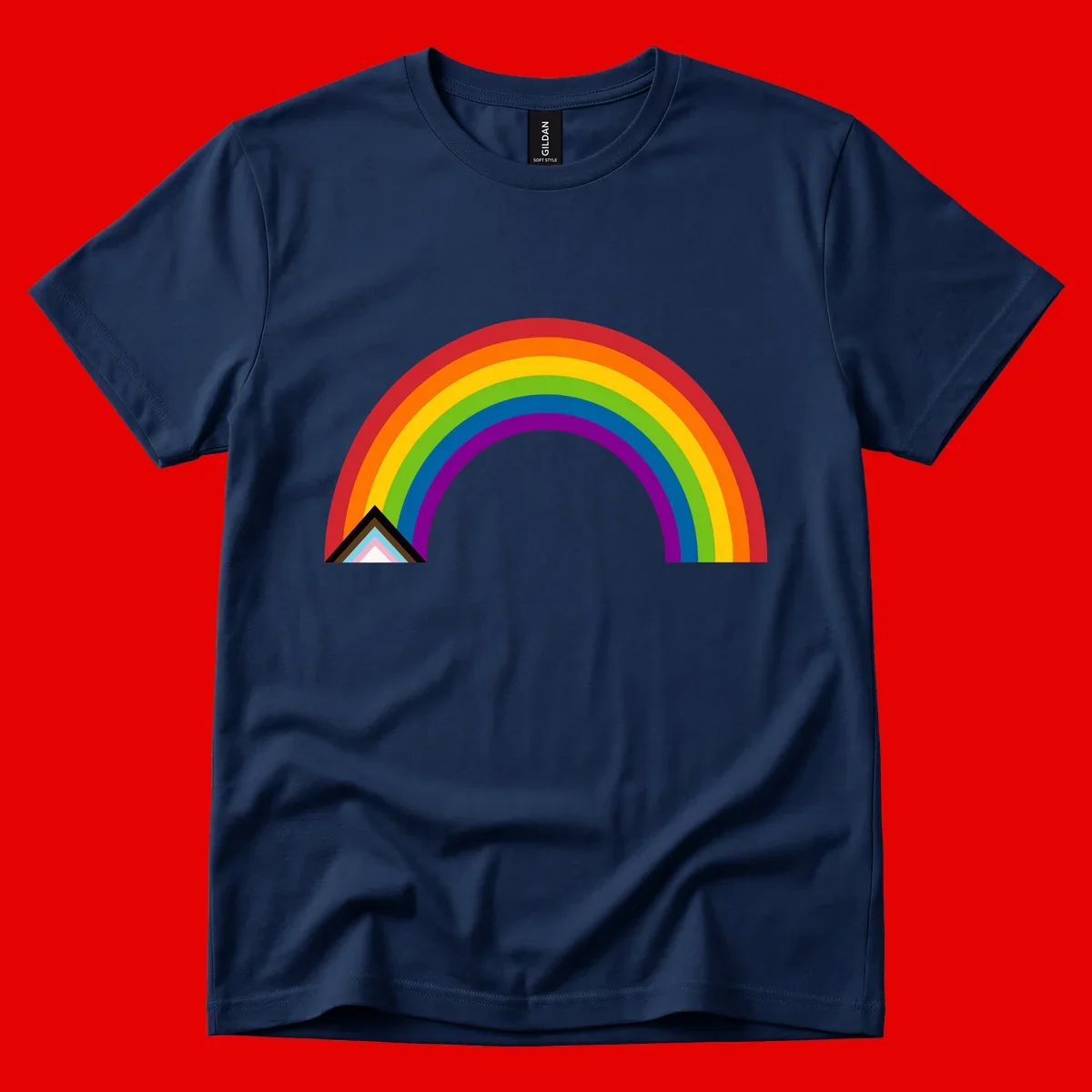 Vibrant rainbow arc with nested geometric mountain peak triangles in pride colors on gray background