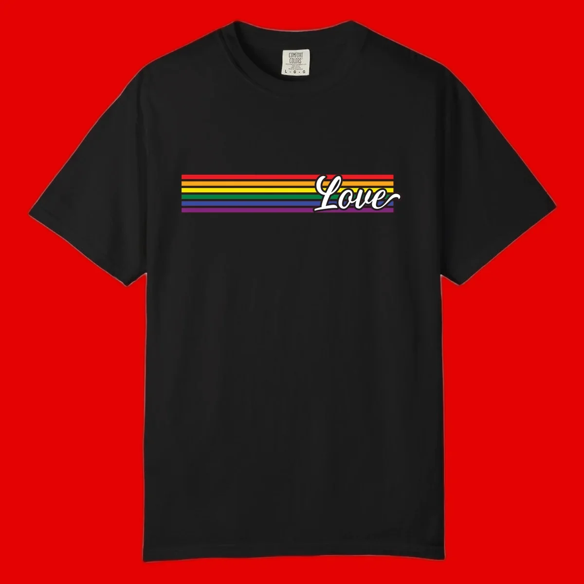 Love pride rainbow design with horizontal stripes in red, orange, yellow, green, blue, and purple with white outlined text