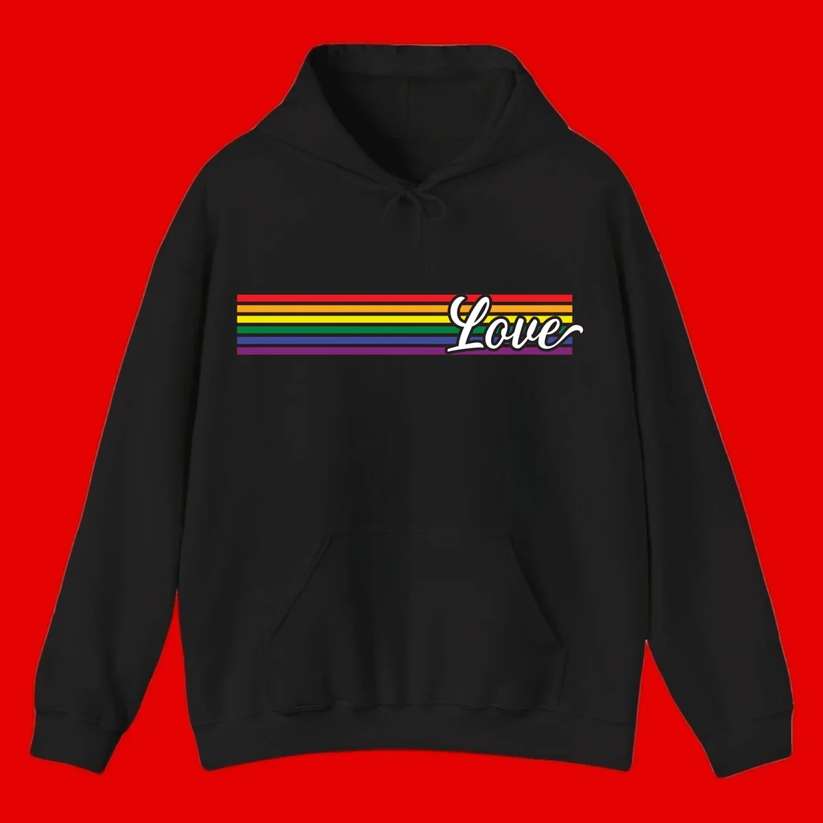 Love pride rainbow design with horizontal stripes in red, orange, yellow, green, blue, and purple with white outlined text