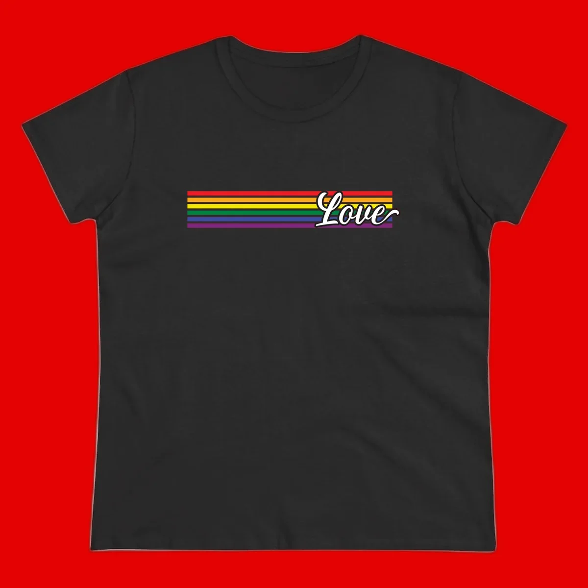 Love pride rainbow design with horizontal stripes in red, orange, yellow, green, blue, and purple with white outlined text