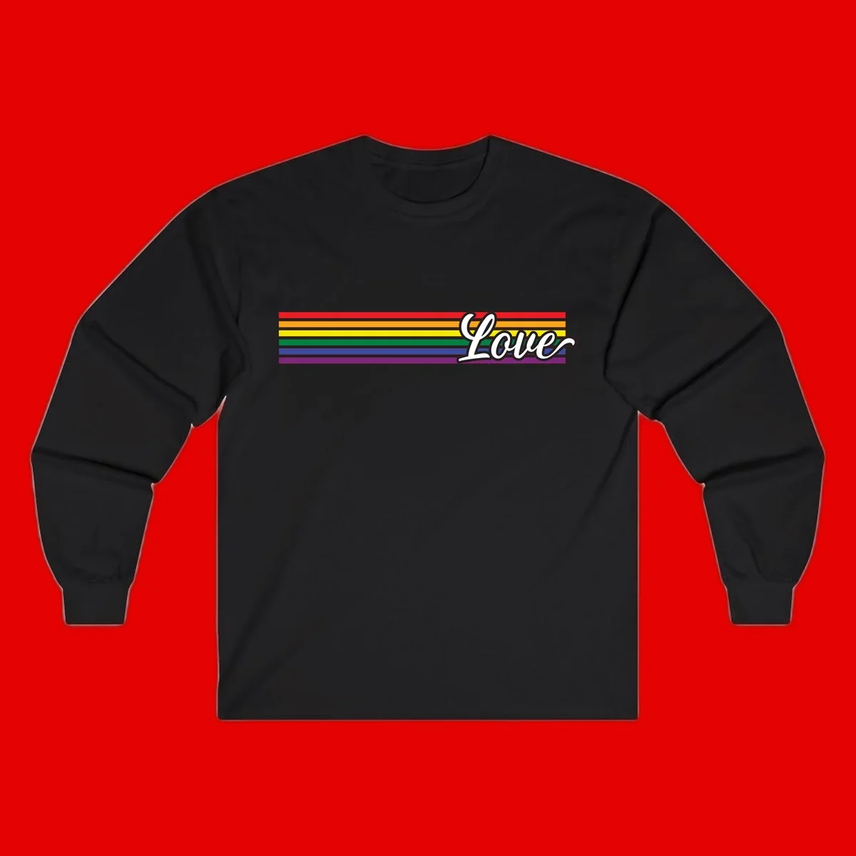 Love pride rainbow design with horizontal stripes in red, orange, yellow, green, blue, and purple with white outlined text