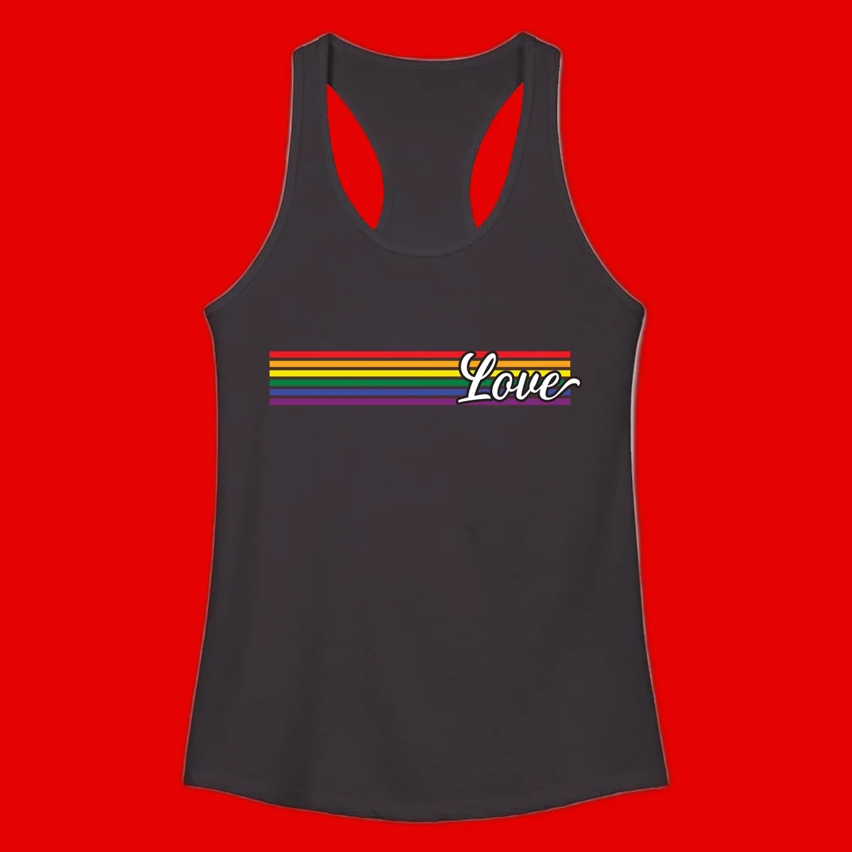 Love pride rainbow design with horizontal stripes in red, orange, yellow, green, blue, and purple with white outlined text