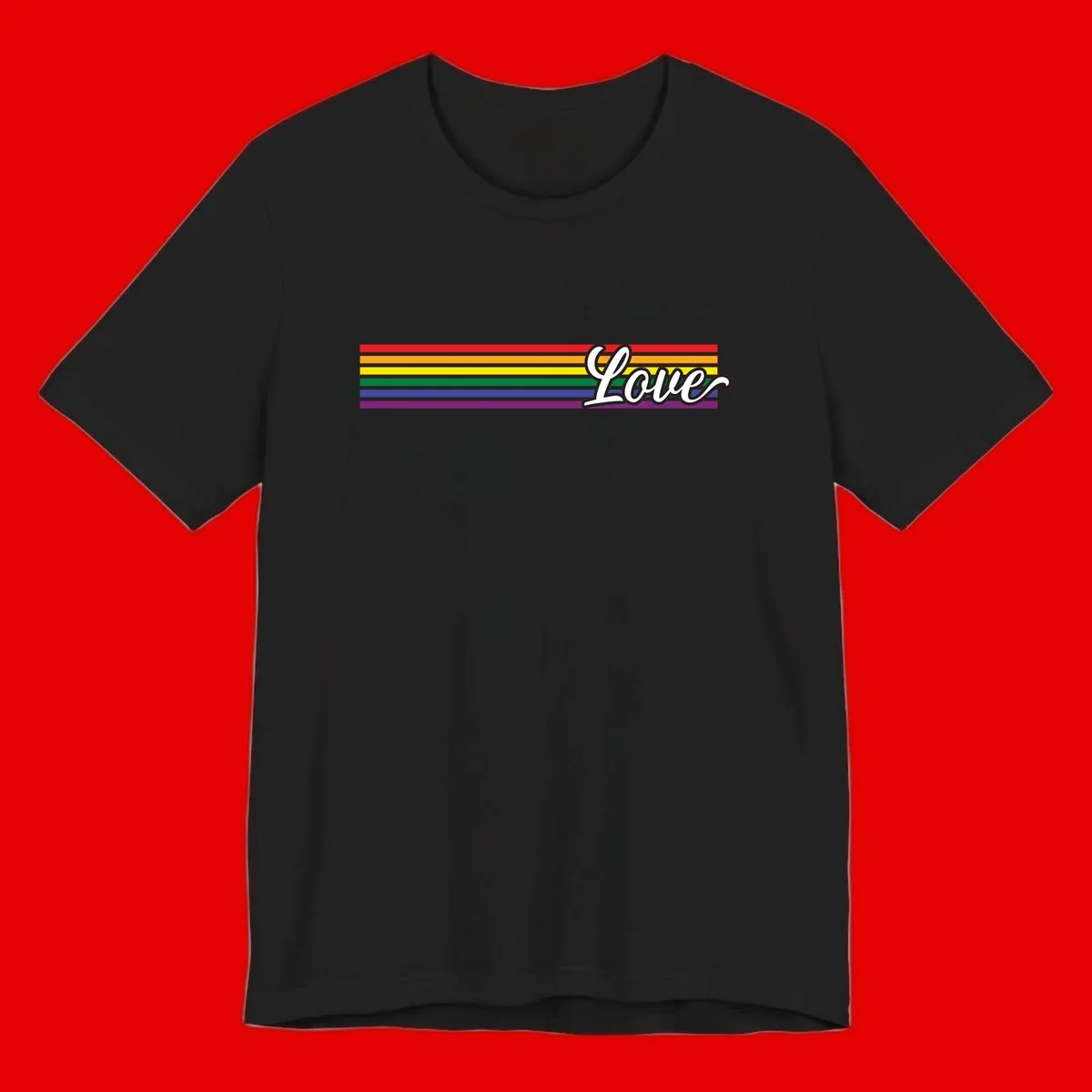 Love pride rainbow design with horizontal stripes in red, orange, yellow, green, blue, and purple with white outlined text