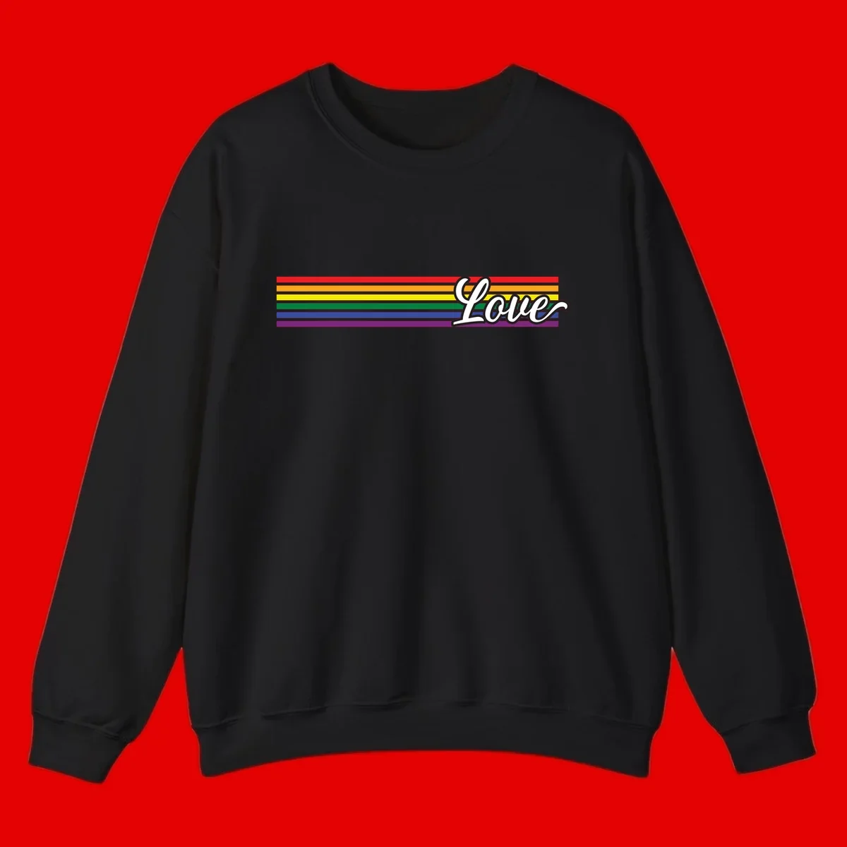 Love pride rainbow design with horizontal stripes in red, orange, yellow, green, blue, and purple with white outlined text
