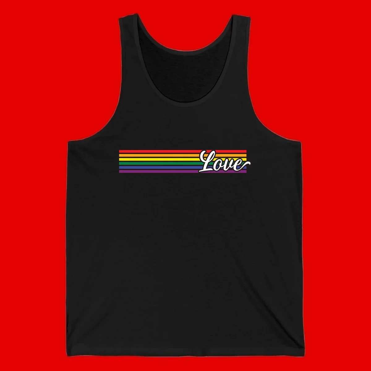 Love pride rainbow design with horizontal stripes in red, orange, yellow, green, blue, and purple with white outlined text