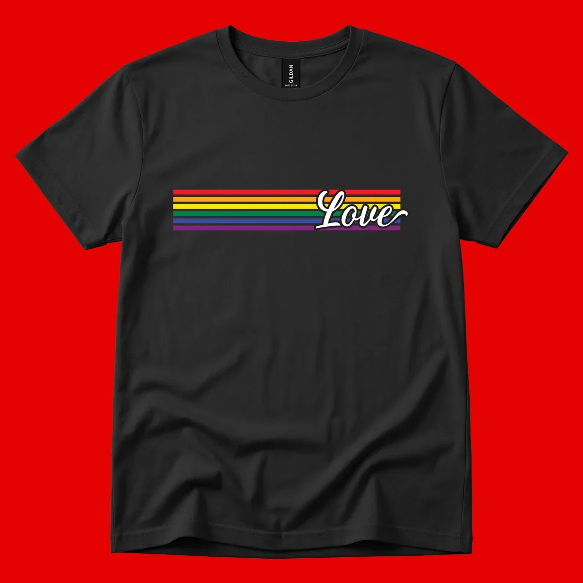 Love pride rainbow design with horizontal stripes in red, orange, yellow, green, blue, and purple with white outlined text