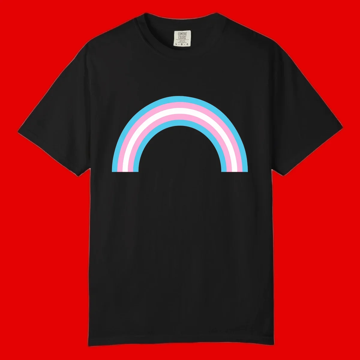 Pastel rainbow arch with five concentric bands in cyan, pink, and white on gray background