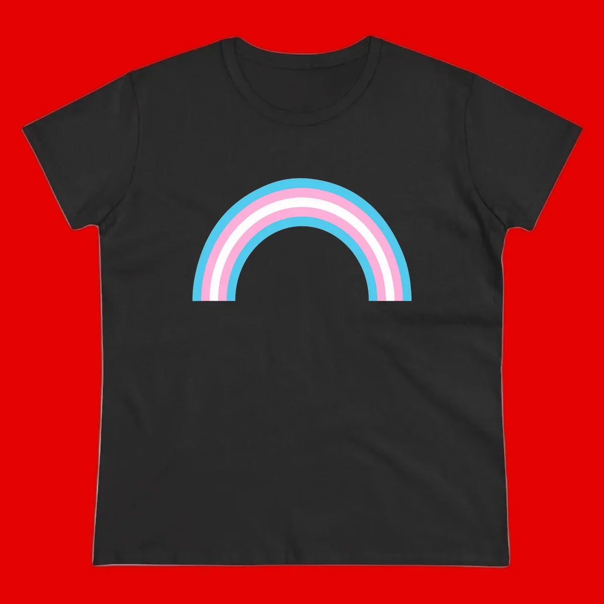 Pastel rainbow arch with five concentric bands in cyan, pink, and white on gray background