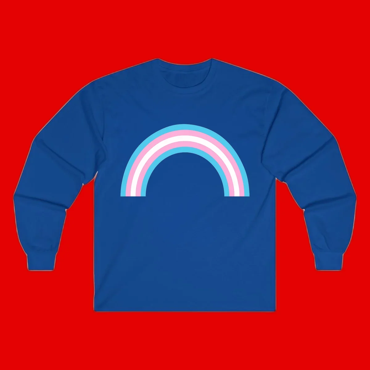 Pastel rainbow arch with five concentric bands in cyan, pink, and white on gray background