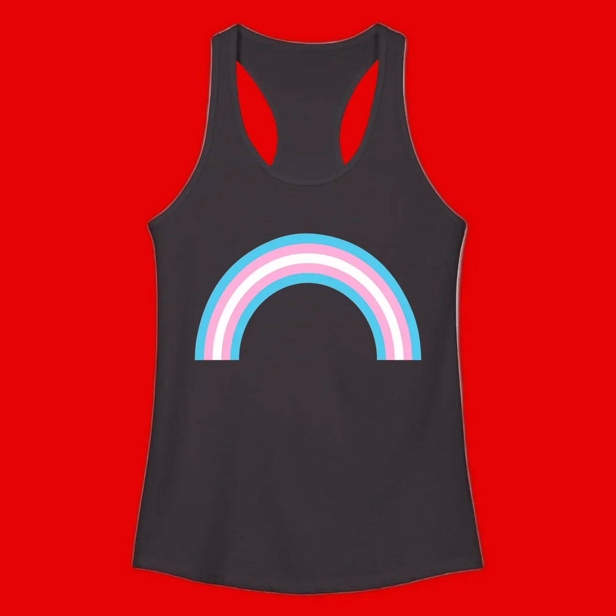 Pastel rainbow arch with five concentric bands in cyan, pink, and white on gray background