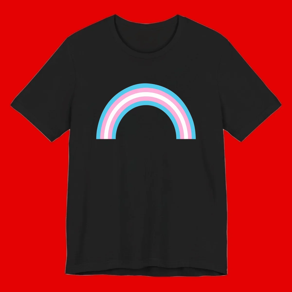 Pastel rainbow arch with five concentric bands in cyan, pink, and white on gray background