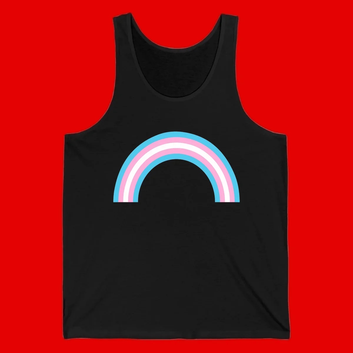 Pastel rainbow arch with five concentric bands in cyan, pink, and white on gray background