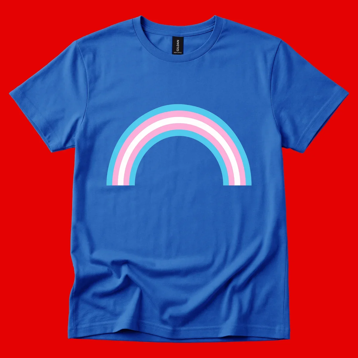 Pastel rainbow arch with five concentric bands in cyan, pink, and white on gray background