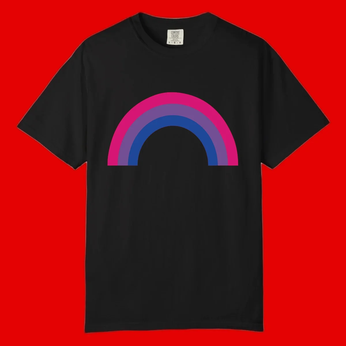 Concentric rainbow arcs design featuring nested magenta, purple, blue and gray semicircles in a modern geometric pattern