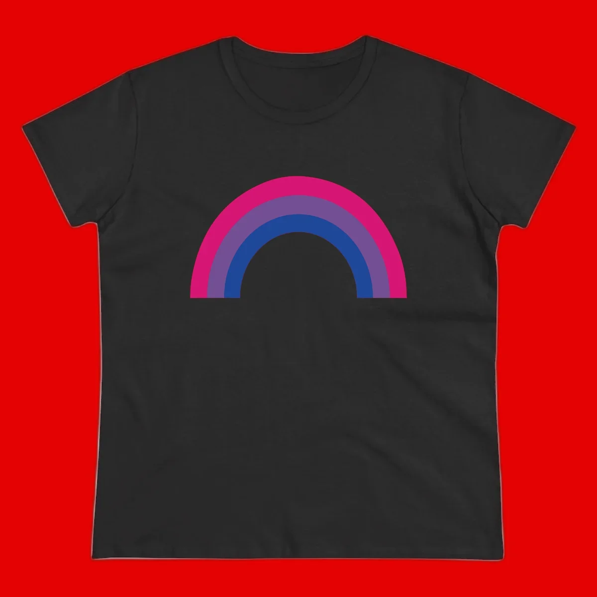 Concentric rainbow arcs design featuring nested magenta, purple, blue and gray semicircles in a modern geometric pattern