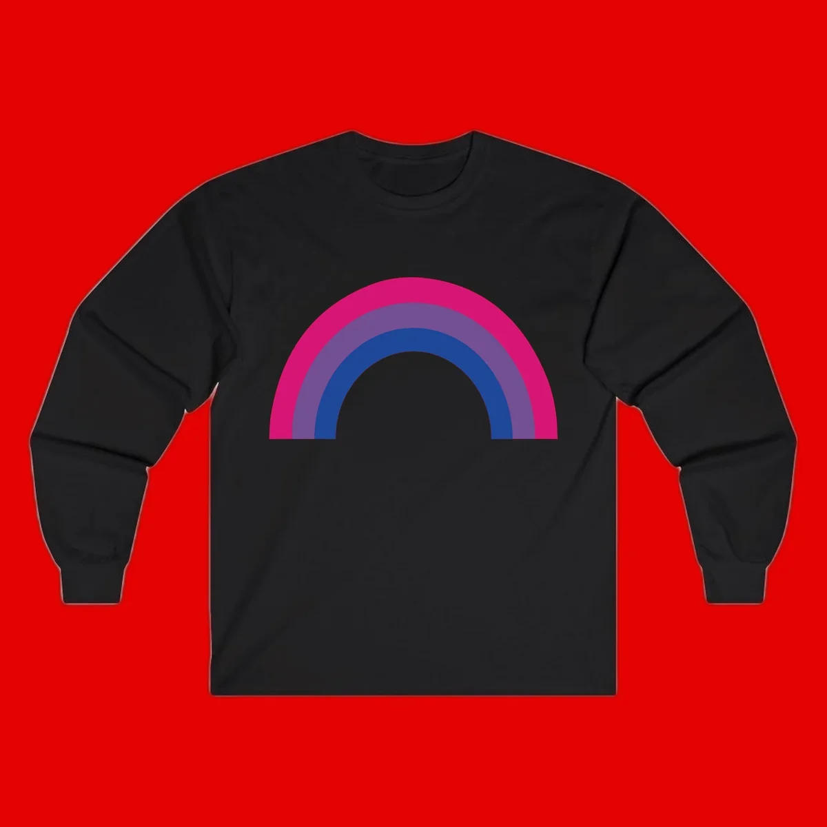 Concentric rainbow arcs design featuring nested magenta, purple, blue and gray semicircles in a modern geometric pattern