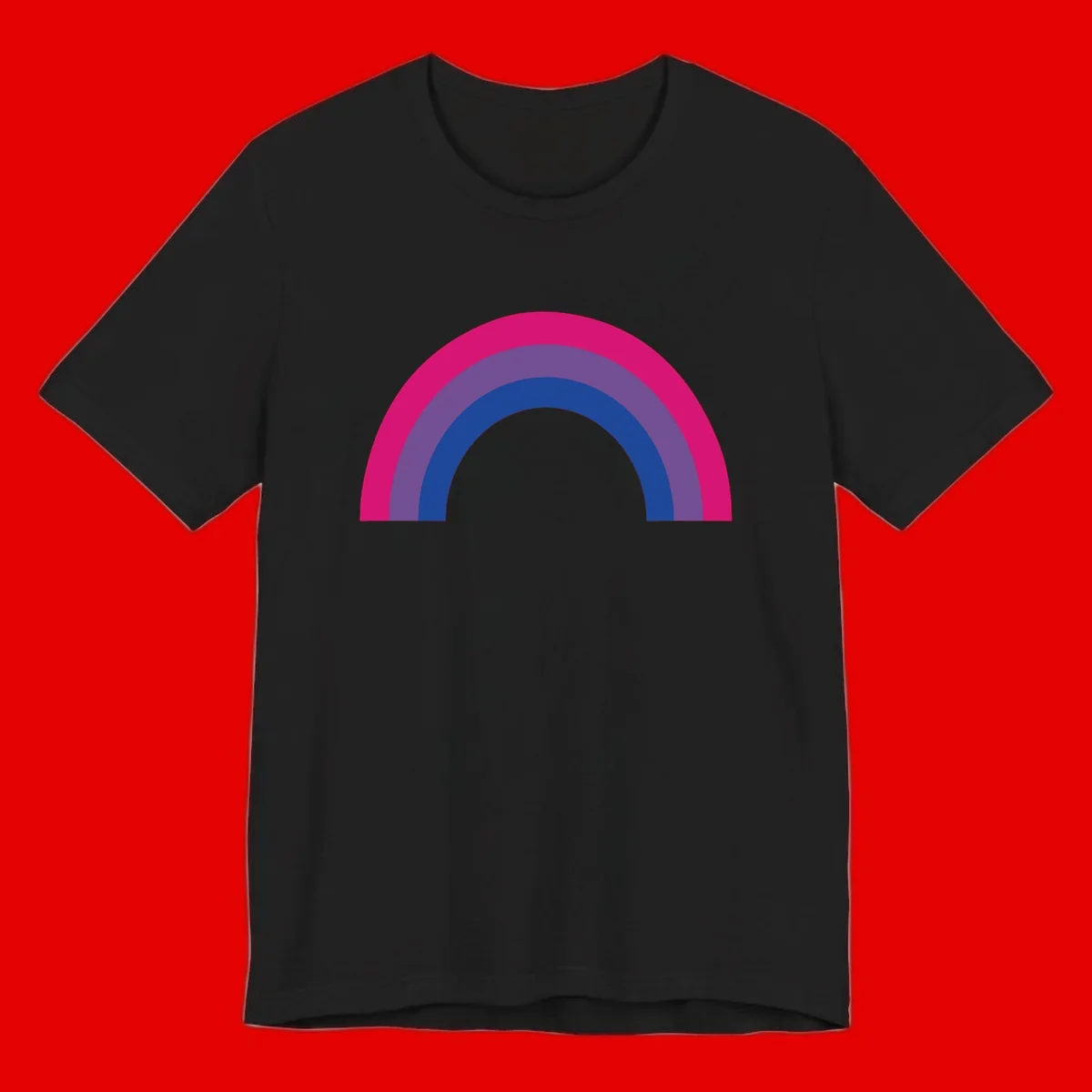 Concentric rainbow arcs design featuring nested magenta, purple, blue and gray semicircles in a modern geometric pattern