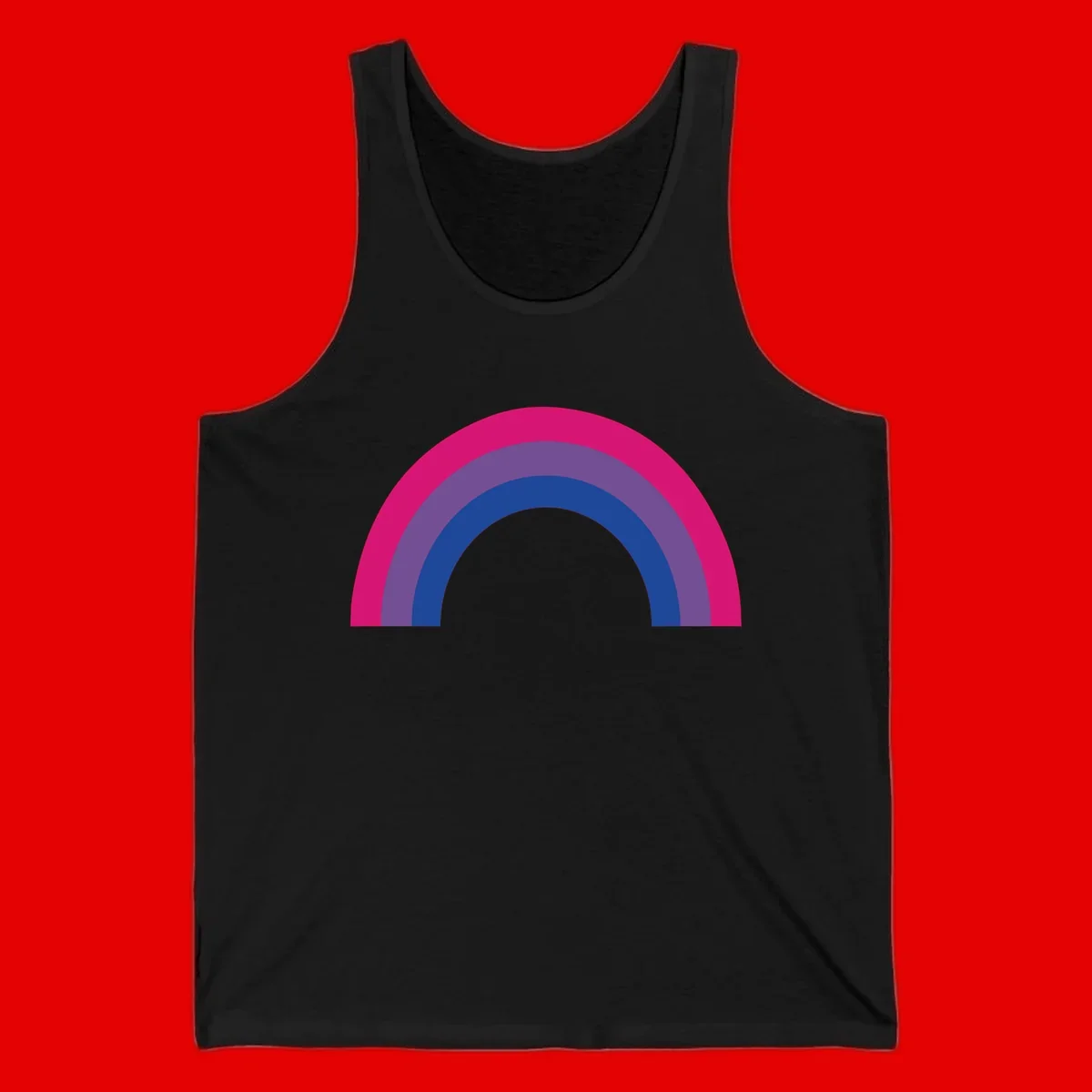 Concentric rainbow arcs design featuring nested magenta, purple, blue and gray semicircles in a modern geometric pattern