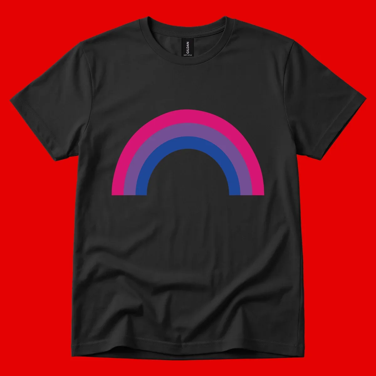Concentric rainbow arcs design featuring nested magenta, purple, blue and gray semicircles in a modern geometric pattern
