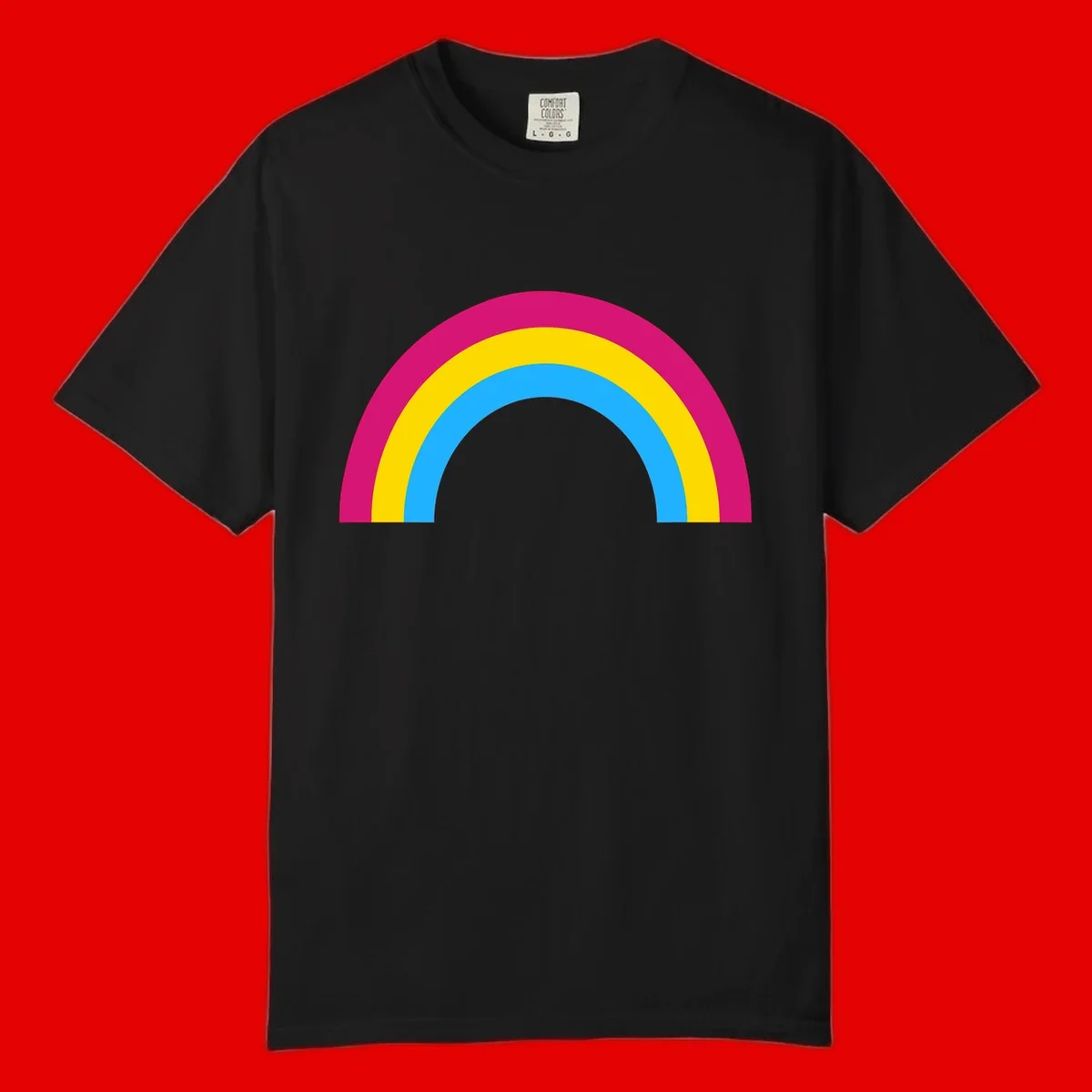 Rainbow concentric circles design with magenta, yellow, and cyan blue nested rings on gray background