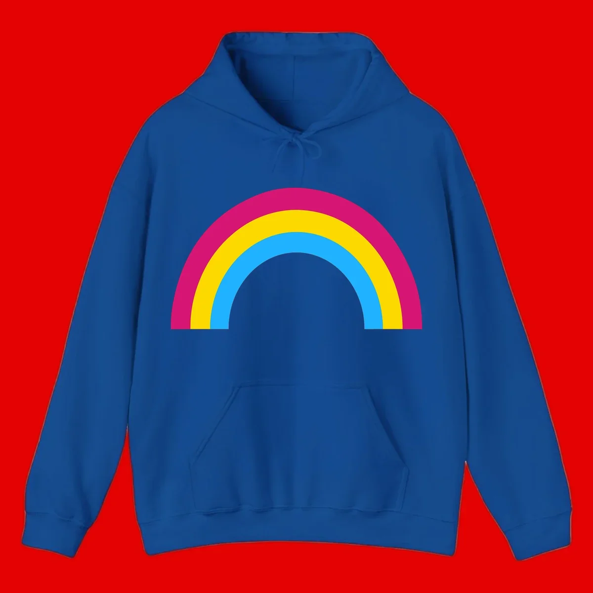 Rainbow concentric circles design with magenta, yellow, and cyan blue nested rings on gray background