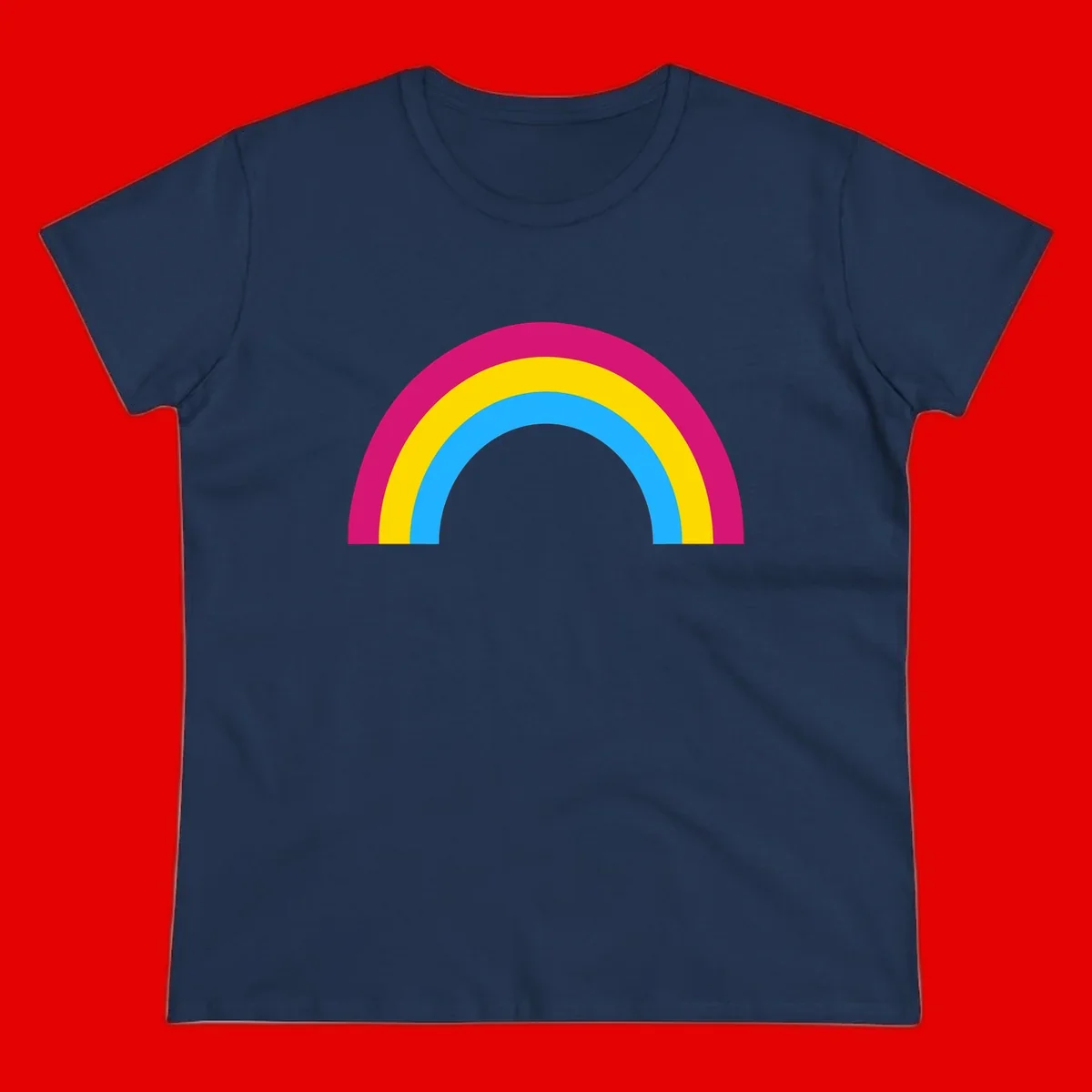 Rainbow concentric circles design with magenta, yellow, and cyan blue nested rings on gray background