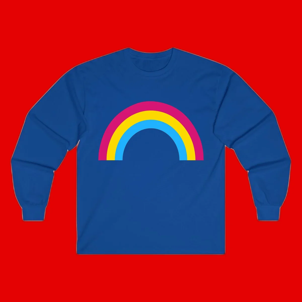 Rainbow concentric circles design with magenta, yellow, and cyan blue nested rings on gray background