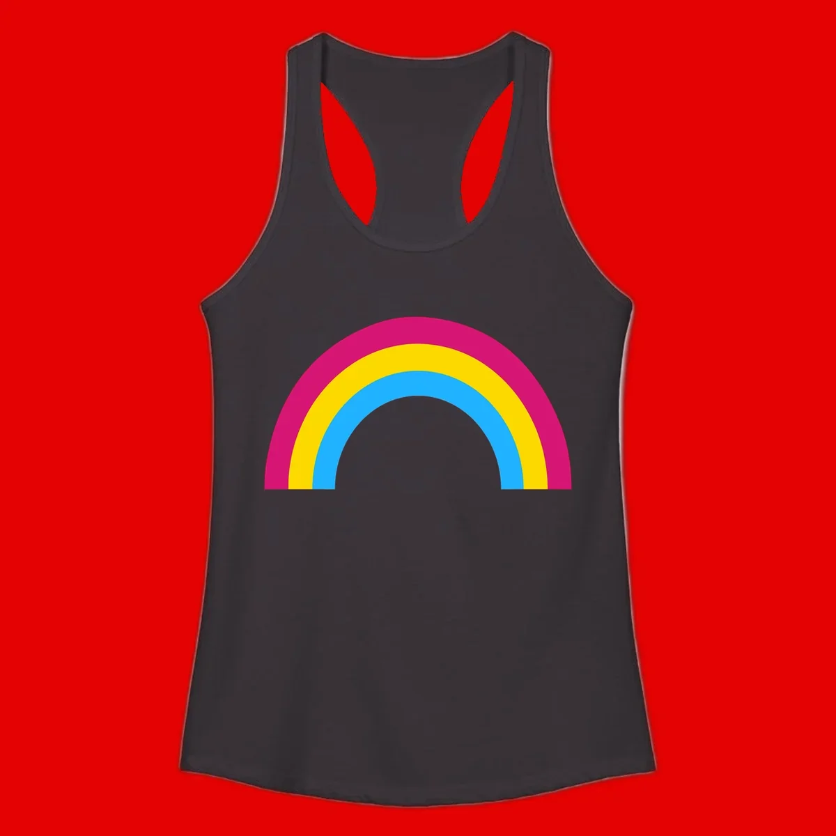 Rainbow concentric circles design with magenta, yellow, and cyan blue nested rings on gray background