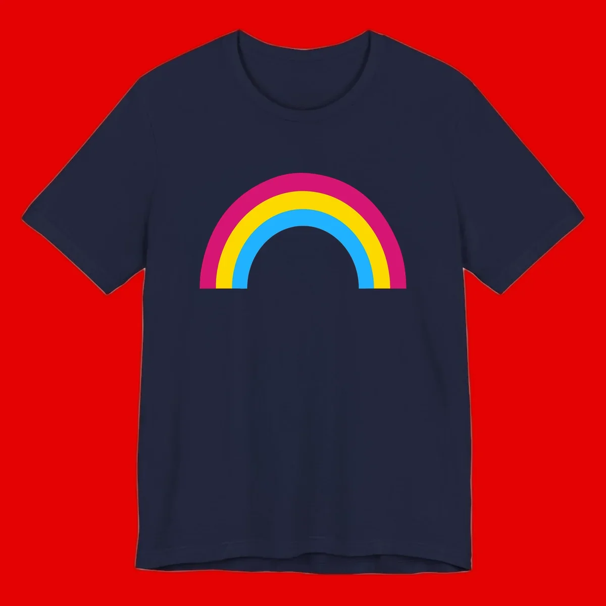 Rainbow concentric circles design with magenta, yellow, and cyan blue nested rings on gray background