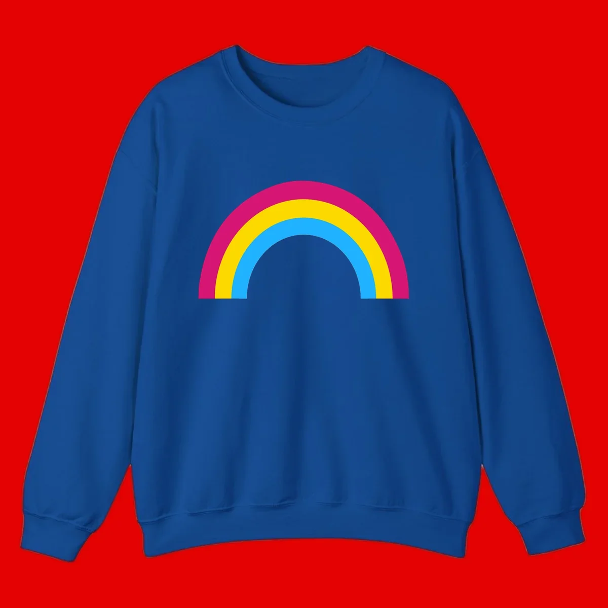 Rainbow concentric circles design with magenta, yellow, and cyan blue nested rings on gray background