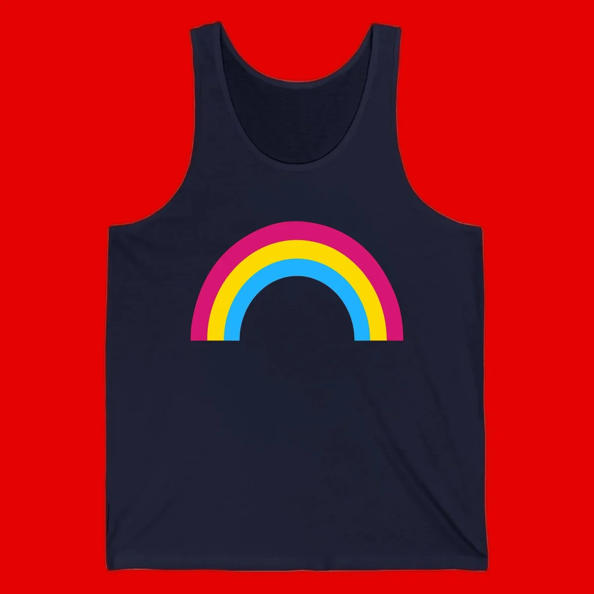 Rainbow concentric circles design with magenta, yellow, and cyan blue nested rings on gray background