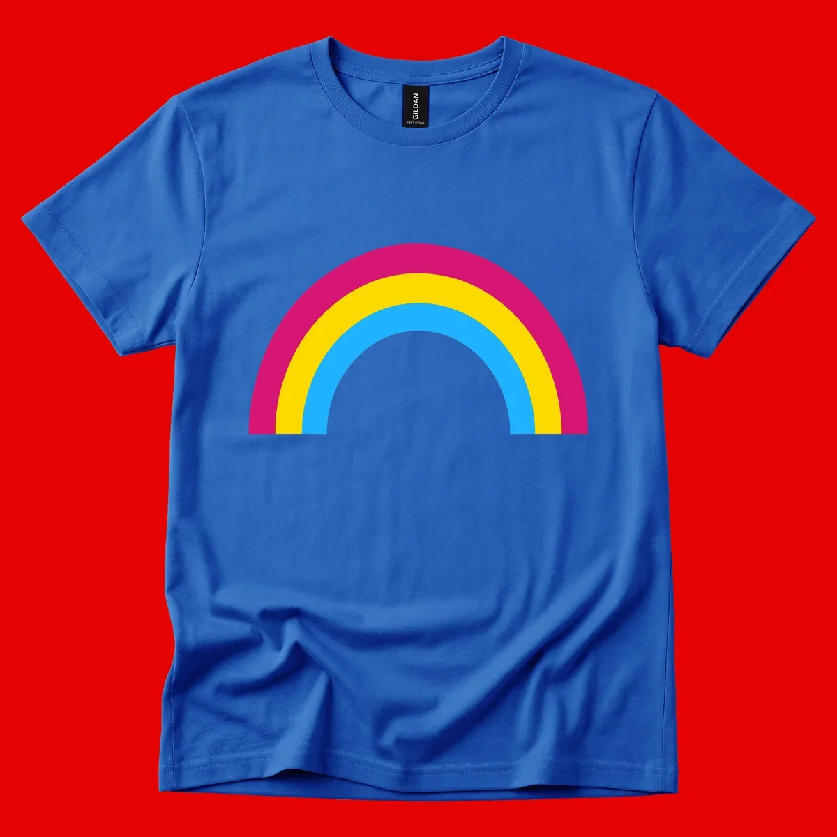 Rainbow concentric circles design with magenta, yellow, and cyan blue nested rings on gray background