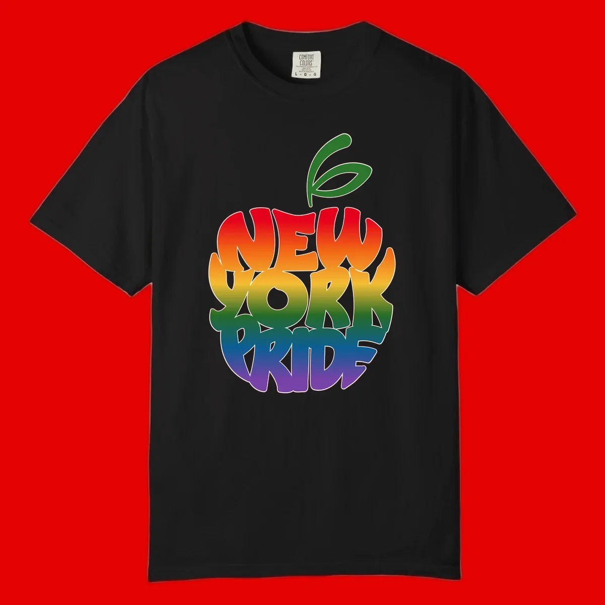 New York Pride apple design with rainbow gradient colors from red to purple and green leaves on top