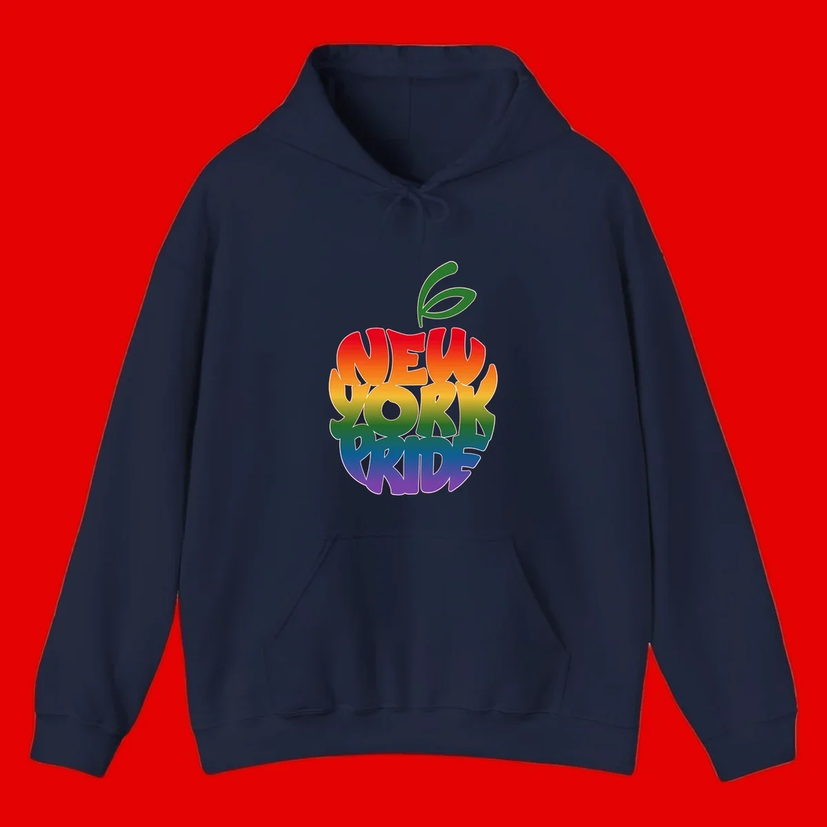 New York Pride apple design with rainbow gradient colors from red to purple and green leaves on top