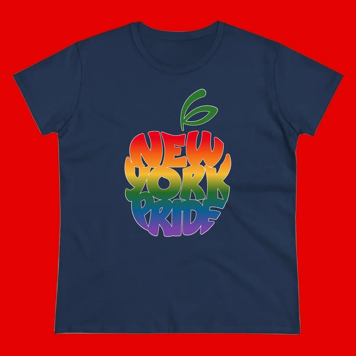 New York Pride apple design with rainbow gradient colors from red to purple and green leaves on top