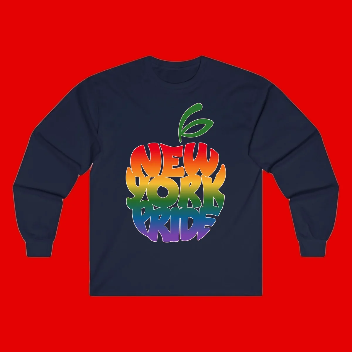 New York Pride apple design with rainbow gradient colors from red to purple and green leaves on top