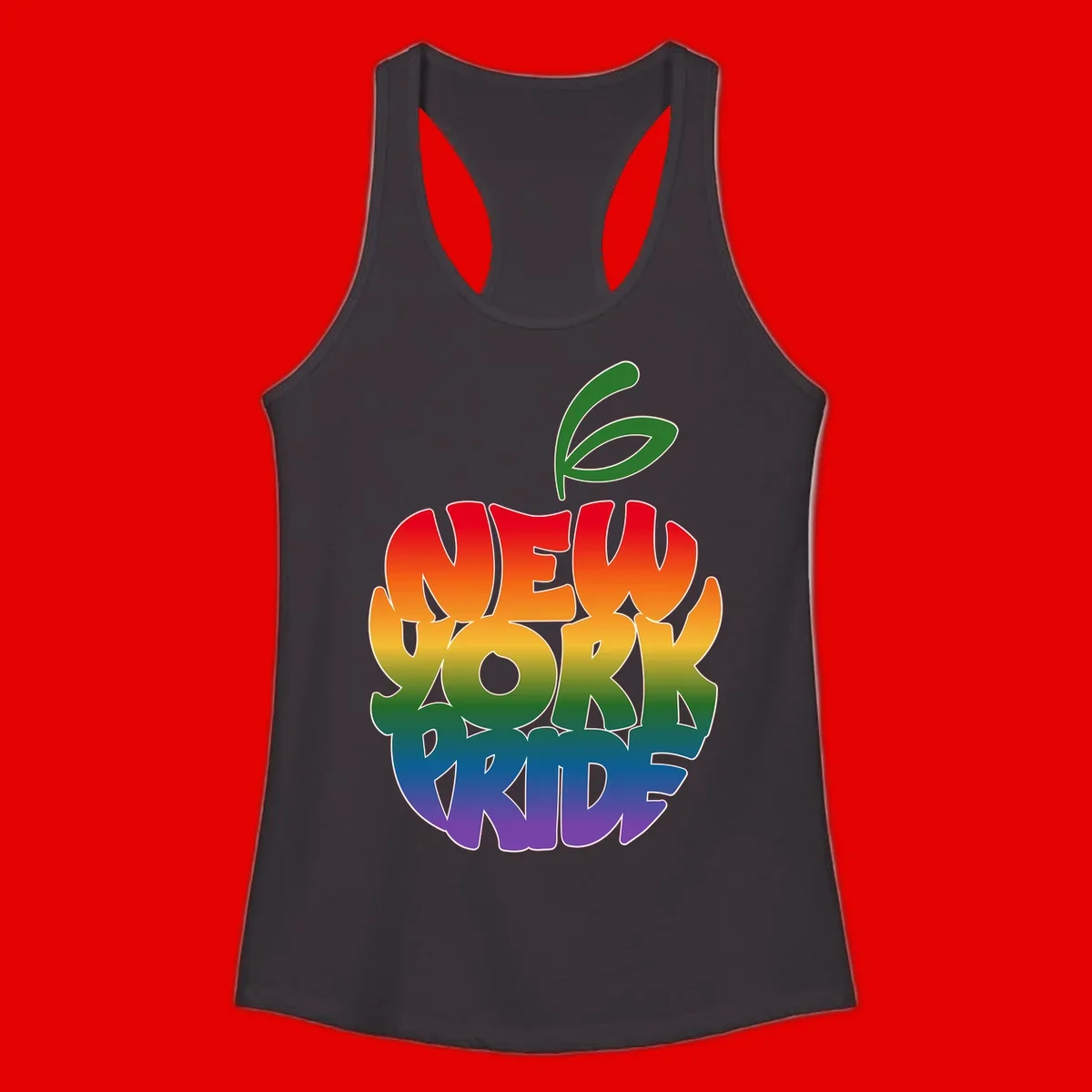 New York Pride apple design with rainbow gradient colors from red to purple and green leaves on top