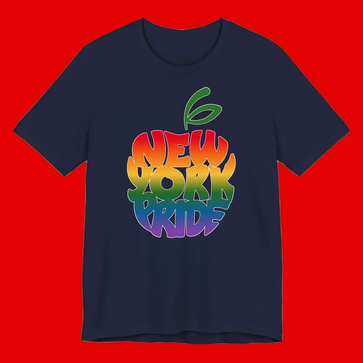 New York Pride apple design with rainbow gradient colors from red to purple and green leaves on top